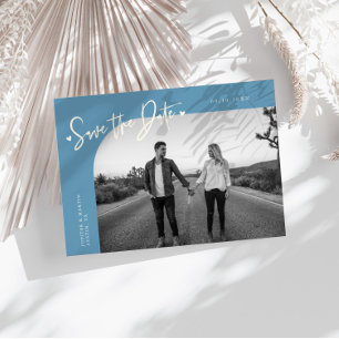 Moderne Schrift Herz Denim Blau Gebogener Rahmen F Save The Date