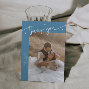 Moderne Schrift Herz Denim Blau Hochzeit Dankeskarte