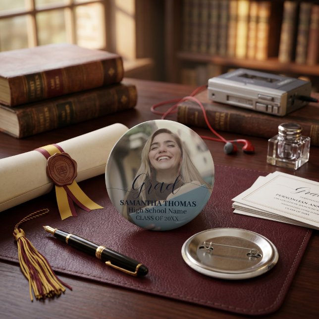 Moderne Schrift Klassisches Foto-Absolventen-Absch Button (Modern Script Classic Photo Graduate Commencement Button)