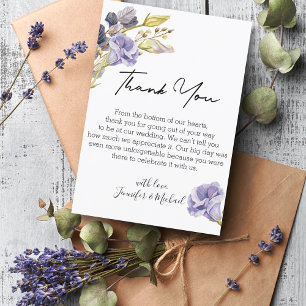 Moderne Schrift, lila florale Wasserfarben-Hochzei Dankeskarte
