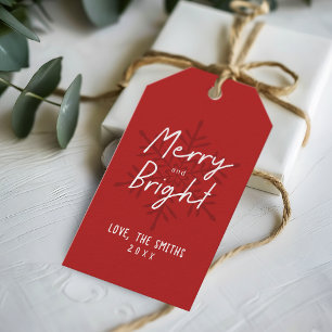 Moderne Schrift Merry & Bright Schneeflocken Weihn Geschenkanhänger
