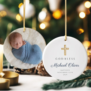 Moderne Schrift Religiöses Jungen-Taufe-Foto Keramik Ornament