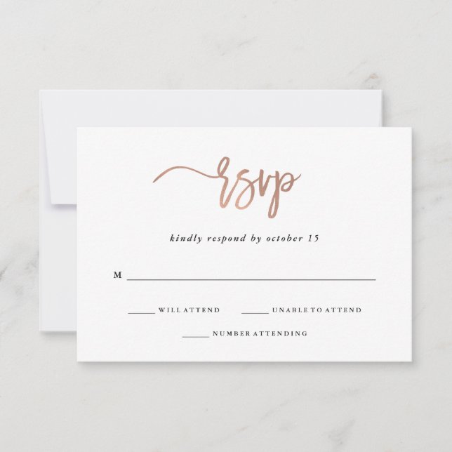 Moderne Schrift | Rose Gold-Hochzeitsreaktion RSVP Karte (Vorderseite)