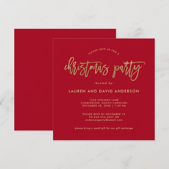 Moderne Schrift | Rot und Imitate Gold Weihnachts- Einladung (Vorne/Hinten)
