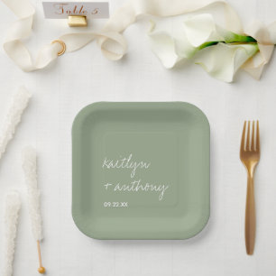 Moderne Schrift Sage Green Minimalistische Hochzei Pappteller