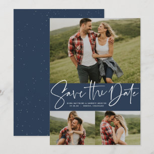 Moderne Schrift trendy drei Foto marineblau Save The Date
