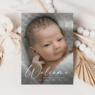 Moderne Schrift Willkommen Baby Foto Geburtsdetail Dankeskarte