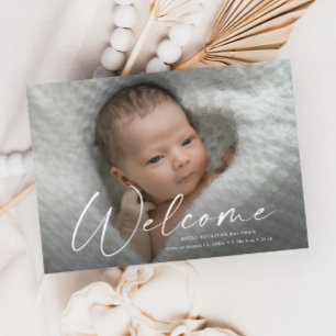 Moderne Schrift Willkommen Baby Foto Geburtsdetail Dankeskarte