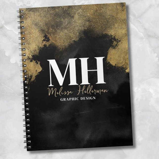 Moderne Schriftart Name Black Gold Monogramm Notizblock (Modern Script Name Initial Black Gold Monogram notebook)