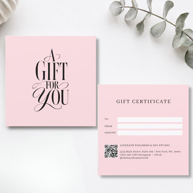 Moderne Schriftart Pink QR-Code-Geschenkgutschein (Modern Script Font Pink QR Code Salon Gift Certificate)