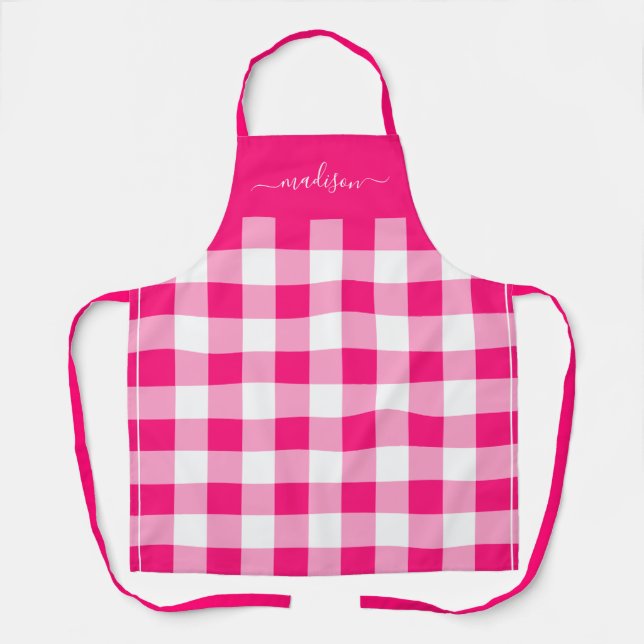 Moderne Schürze von Hot-Pink-Gingham-Skripten (Vorderseite)