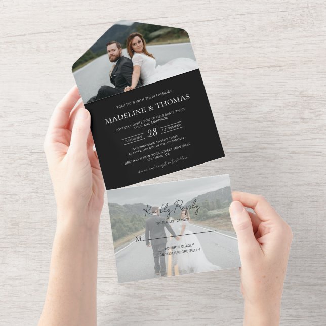 Moderne Schwarz-2-Foto-UAWG Wedding All In One Einladung (Abreißen)