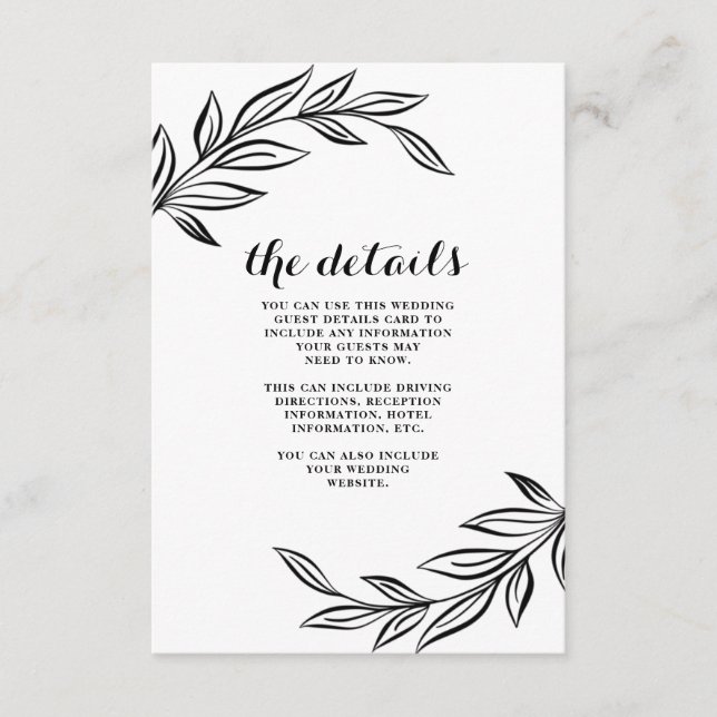 Moderne Schwarz-Botanische Hochzeitskarte Begleitkarte (Vorderseite)