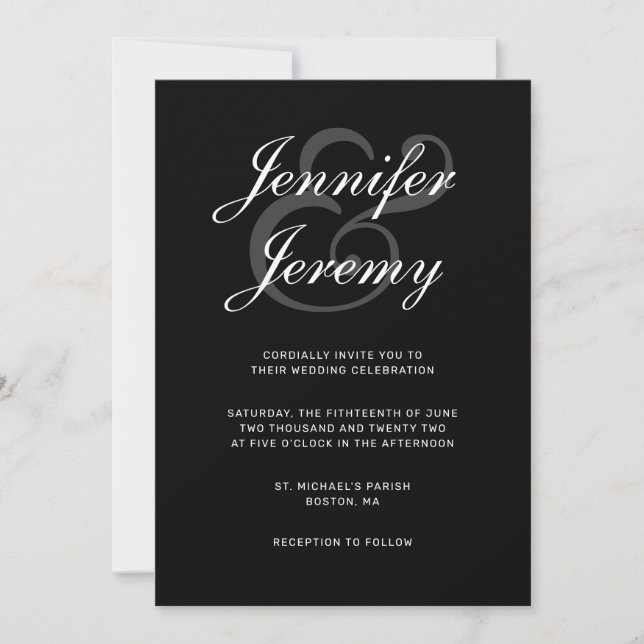 Moderne Schwarz Elegant White Gray Script Hochzeit Einladung (Vorderseite)