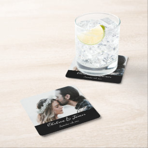 Moderne Schwarz-Elegante-Kalligrafie-Foto Hochzeit Rechteckiger Pappuntersetzer