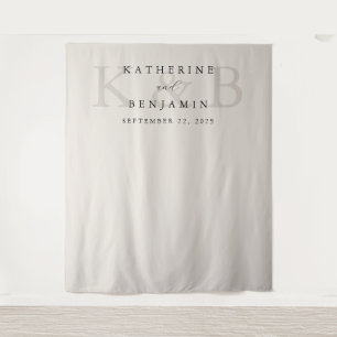 Moderne Schwarz-Elfenbeinmonogramm-Hochzeitsszenar Wandteppich