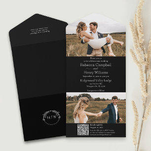 Moderne Schwarz-Fotografie   Monogramm   QR-Code All In One Einladung