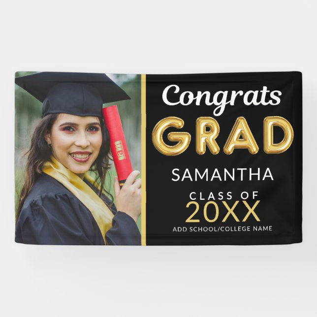 Moderne Schwarz-Gold-1-Foto-Glückwunsch Grad Banner (Horizontal)