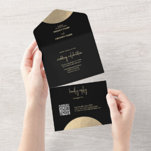 Moderne Schwarz/Gold Abstrakte Hochzeit All In One Einladung