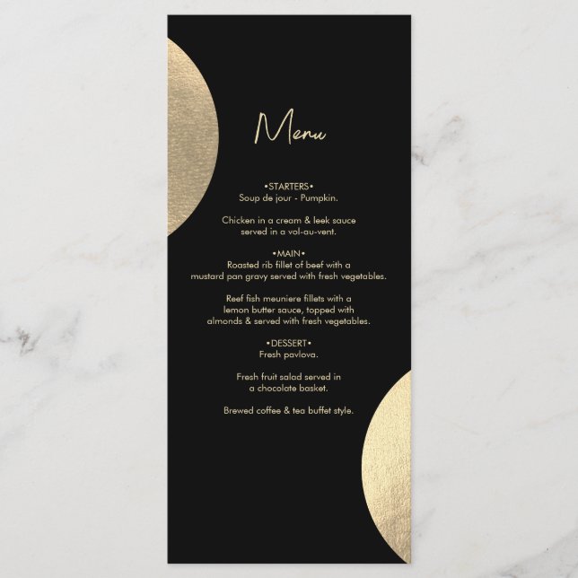 Moderne Schwarz/Gold Abstrakte Hochzeit Menükarte (Vorderseite)