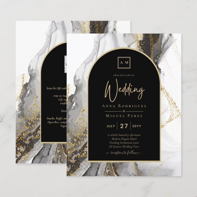 Moderne Schwarz-Gold-Agate-Marmor-Glitzer Hochzeit (Vorne/Hinten)