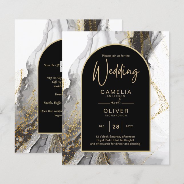 Moderne Schwarz-Gold-Agate-Marmor-Glitzer Hochzeit (Vorne/Hinten)