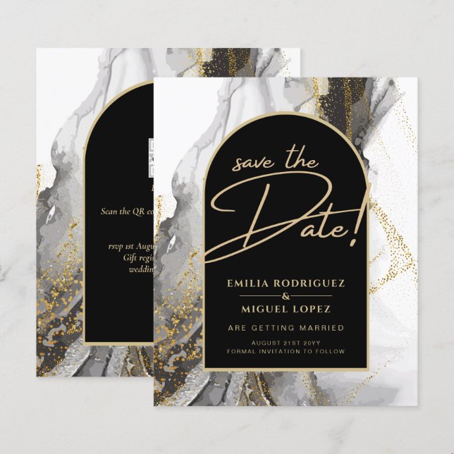 Moderne Schwarz-Gold-Agate-Marmor-Glitzer Hochzeit (Vorne/Hinten)