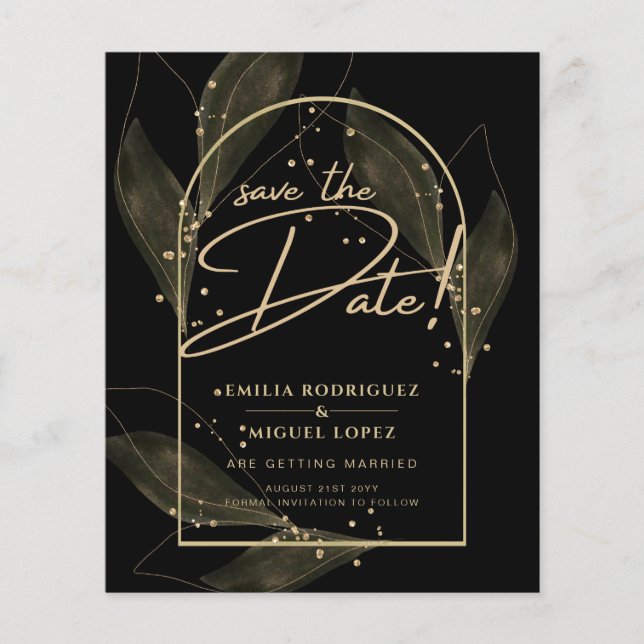Moderne Schwarz-Gold-Blätter zum Hochzeitstag spar Flyer (Vorne)