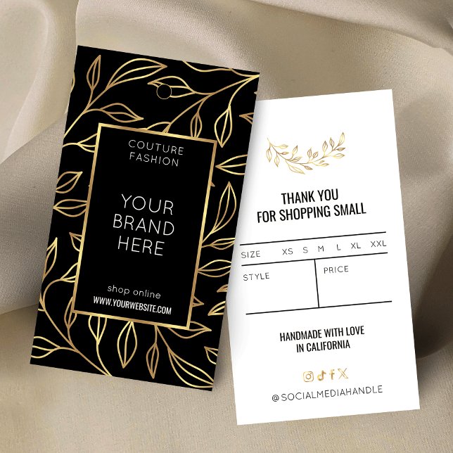 Moderne Schwarz-Gold-Blütenmarke Visitenkarte (Modern black and gold floral hang tag labels with faux gold effects )