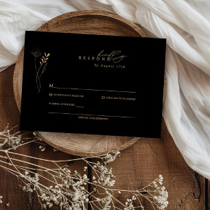 Moderne Schwarz-Gold-Boho-Blumenhochzeit RSVP Karte