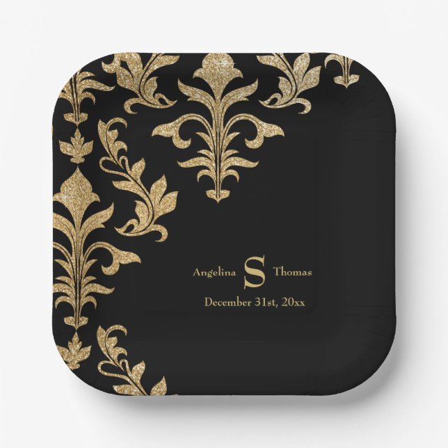 Moderne Schwarz-Gold-Damaskus-Dekoration für Hochz Pappteller (Vorderseite)