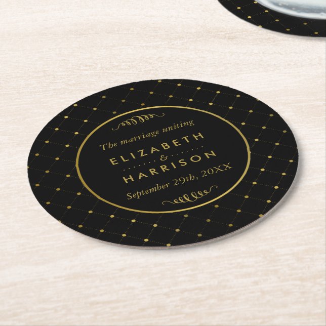 Moderne Schwarz-Gold-Foil-Effekt Hochzeit Runder Pappuntersetzer (Angewinkelt)