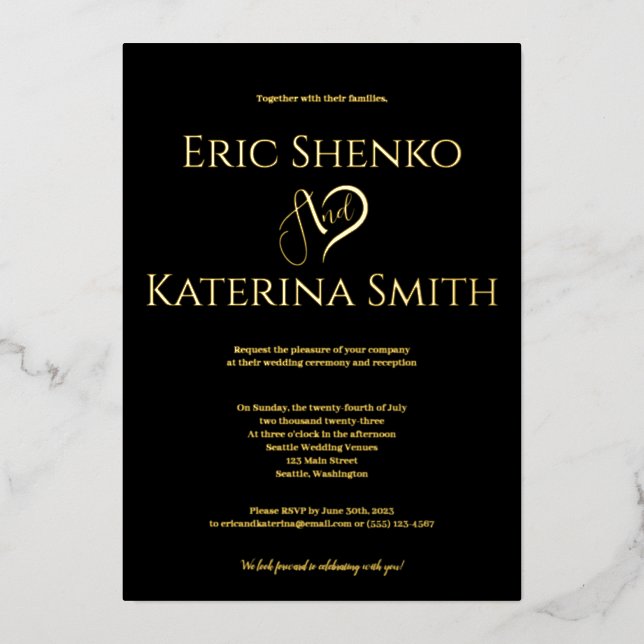 Moderne Schwarz-Gold-Foil-Hochzeit Folieneinladung (Vorderseite)