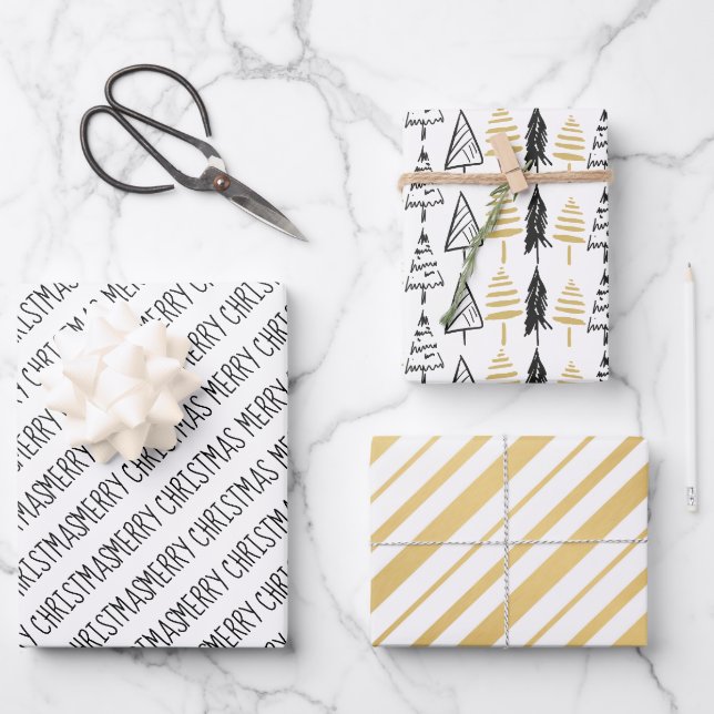 Moderne Schwarz & Gold Frohe Weihnachtsbaumen Geschenkpapier Set (Vorderseite)