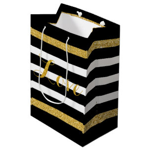 Moderne Schwarz-Gold-Glitzer-Streifen Mittlere Geschenktüte