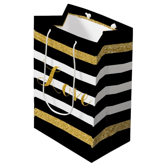 Moderne Schwarz-Gold-Glitzer-Streifen Mittlere Geschenktüte (Vorderseite Schrägansicht)