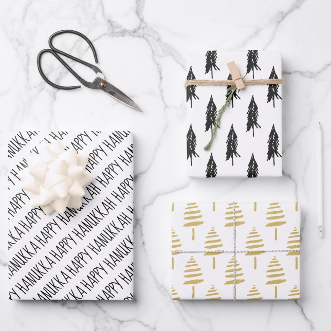 Moderne Schwarz & Gold Happy Hanukkah Trees Geschenkpapier Set (Vorderseite)