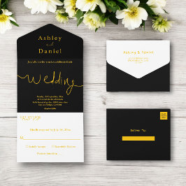 Moderne Schwarz-Gold-Hochzeit All In One Einladung