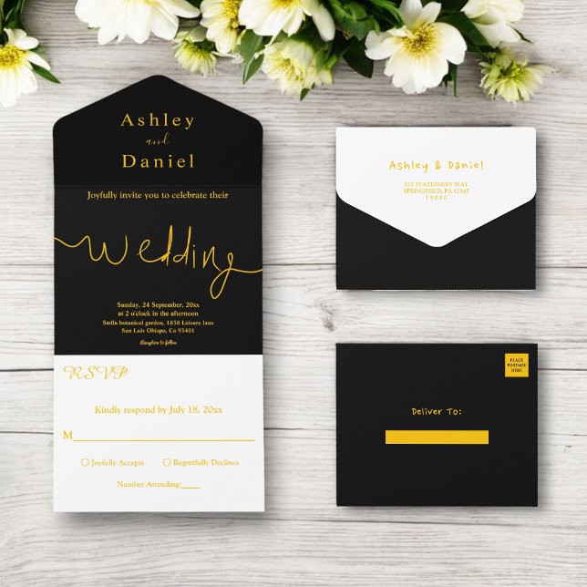 Moderne Schwarz-Gold-Hochzeit All In One Einladung (Von Creator hochgeladen)