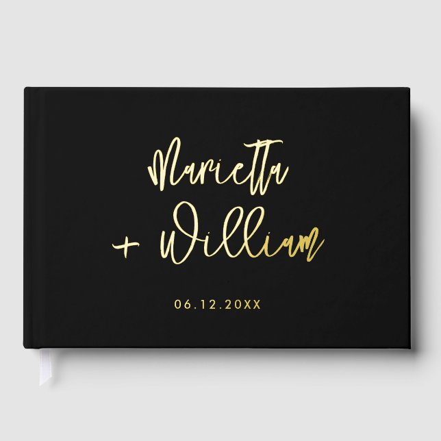 Moderne Schwarz-Gold-Hochzeit Gästebuch (Vorderseite)