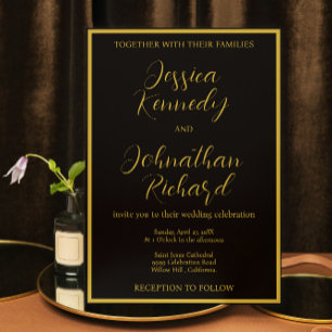 Moderne Schwarz-Gold-Kalligrafie-Foto-Hochzeit Einladung