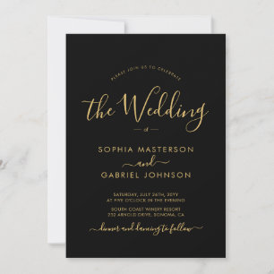 Moderne Schwarz-Gold-Kalligrafie-Skripte Hochzeit Einladung