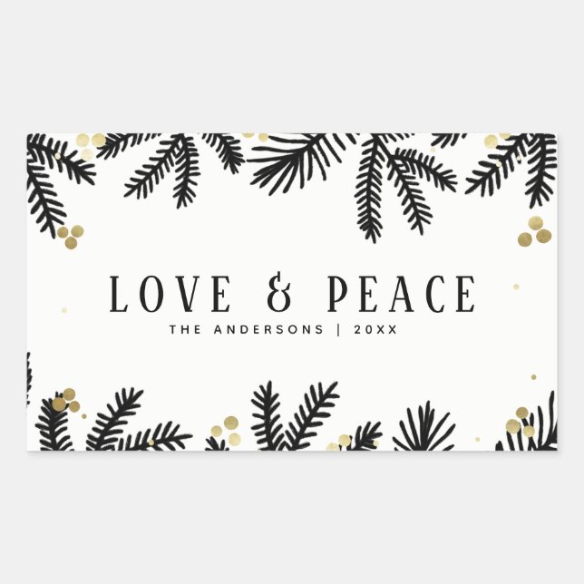 Moderne Schwarz & Gold Pine und Berries Holiday Rechteckiger Aufkleber (Vorderseite)