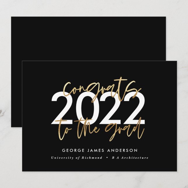 Moderne Schwarz-Gold-Schrift-Stilvoller Abschluss Einladung (Vorne/Hinten)