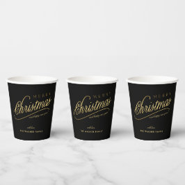 Moderne Schwarz & Gold Script Frohe Weihnachten Pappbecher