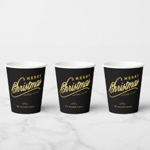 Moderne Schwarz & Gold Script Frohe Weihnachten Pappbecher