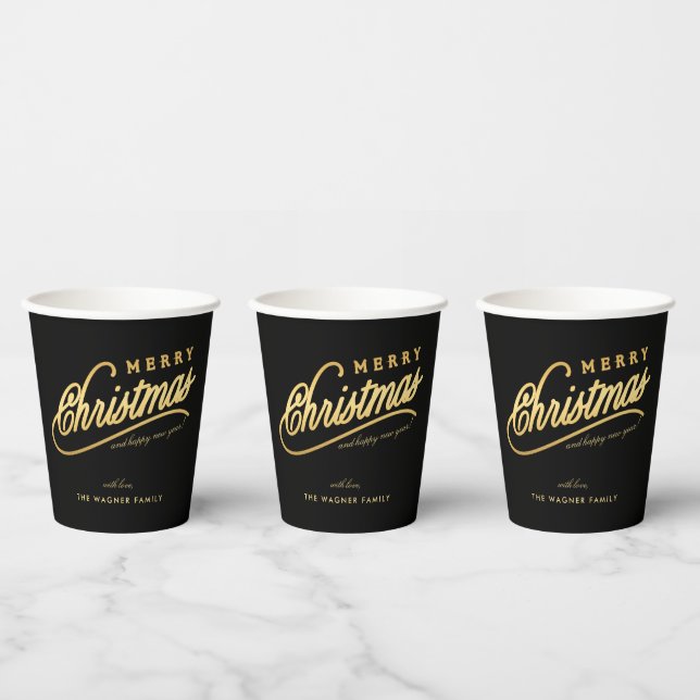 Moderne Schwarz & Gold Script Frohe Weihnachten Pappbecher (Multi)