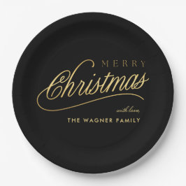 Moderne Schwarz & Gold Script Frohe Weihnachten Pappteller