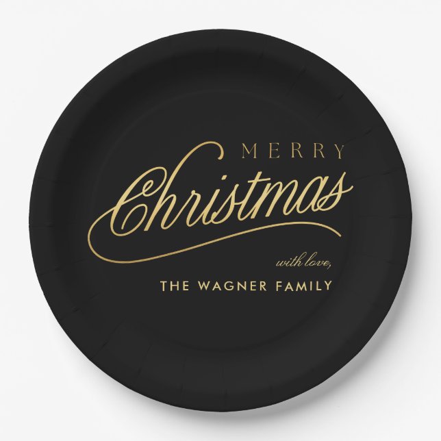 Moderne Schwarz & Gold Script Frohe Weihnachten Pappteller (Vorderseite)