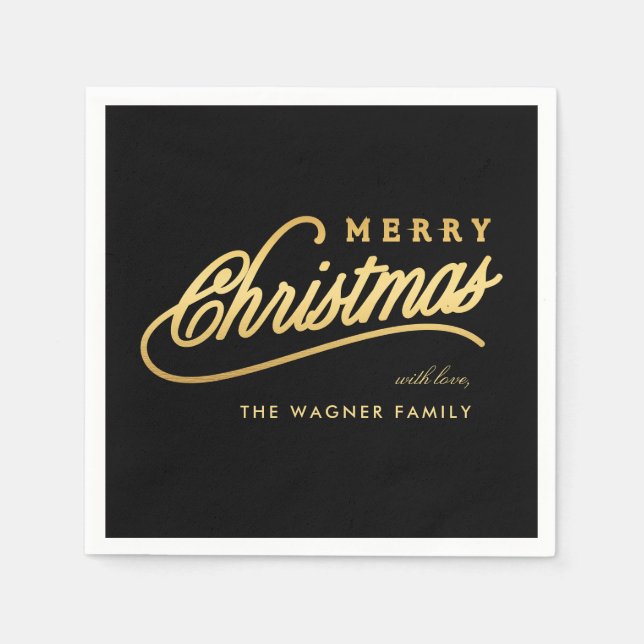 Moderne Schwarz & Gold Script Frohe Weihnachten Serviette (Vorderseite)